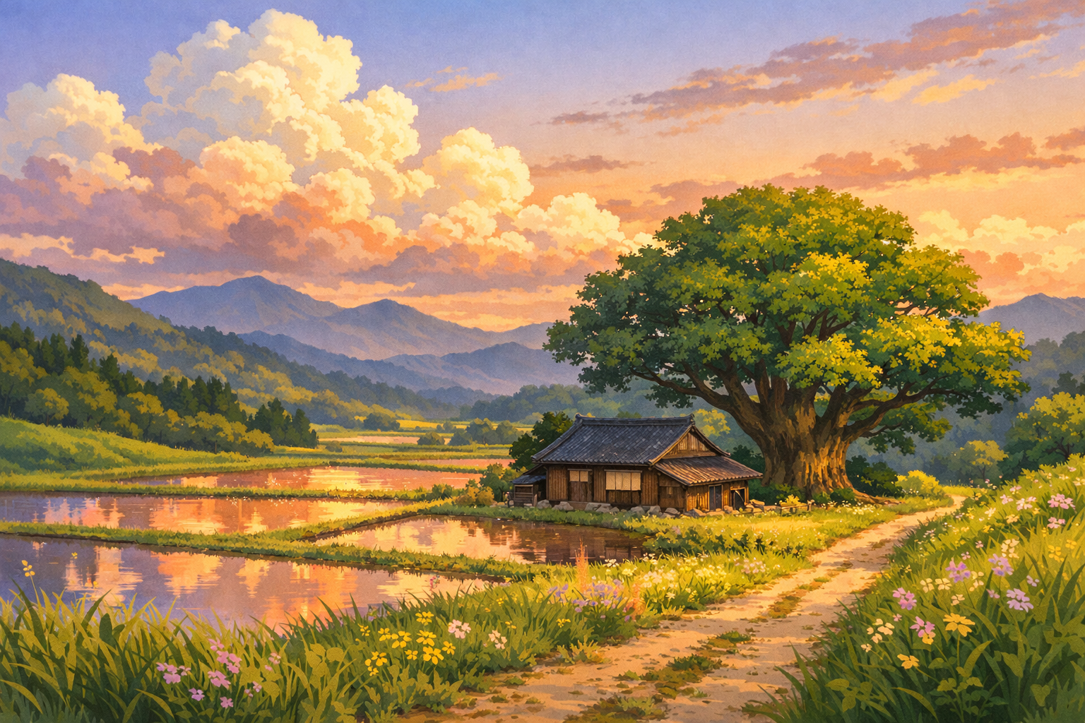 Japon animasyon tarzında suluboya manzara