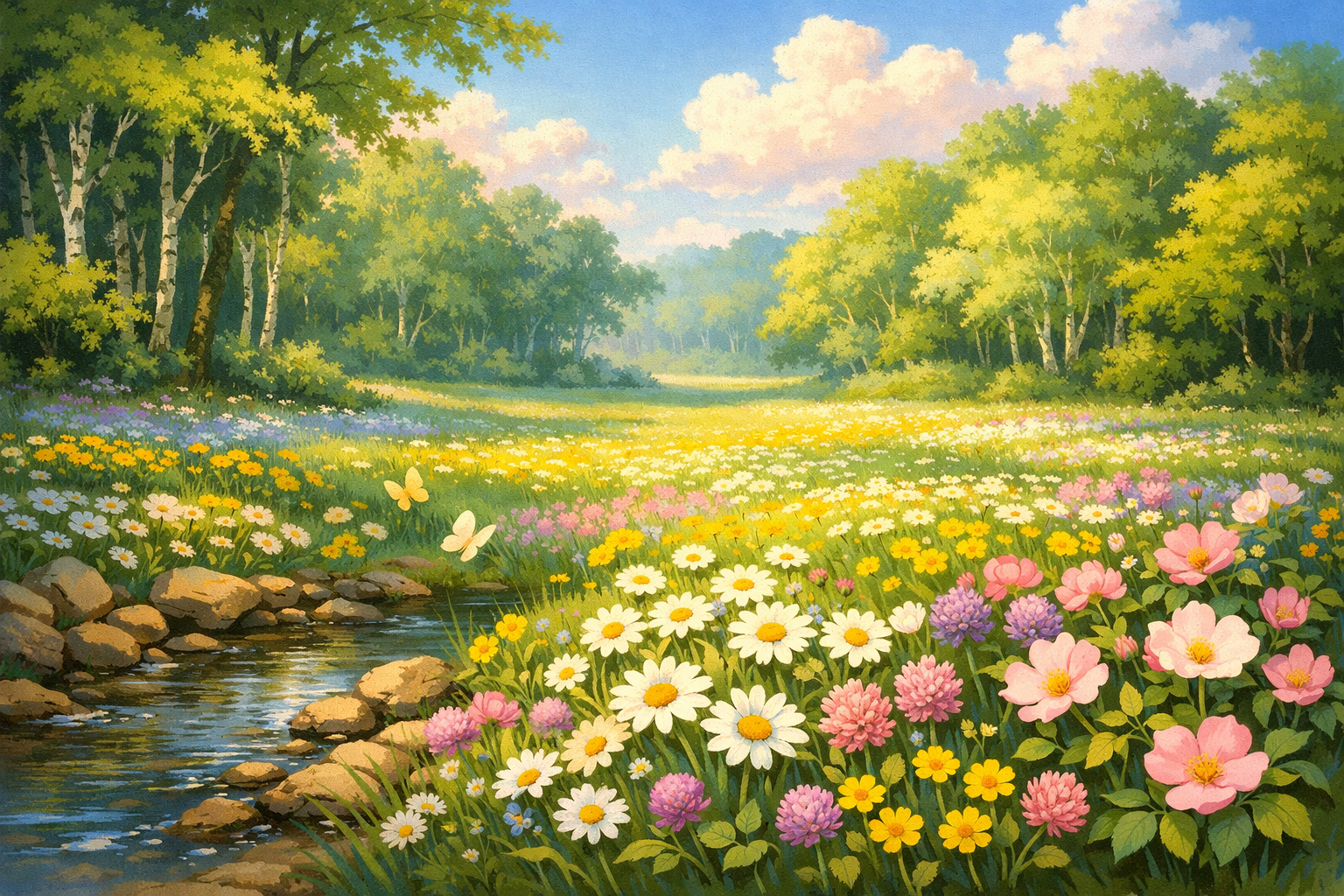 Bambi çiçekli tarlada ilkbahar sahnesi