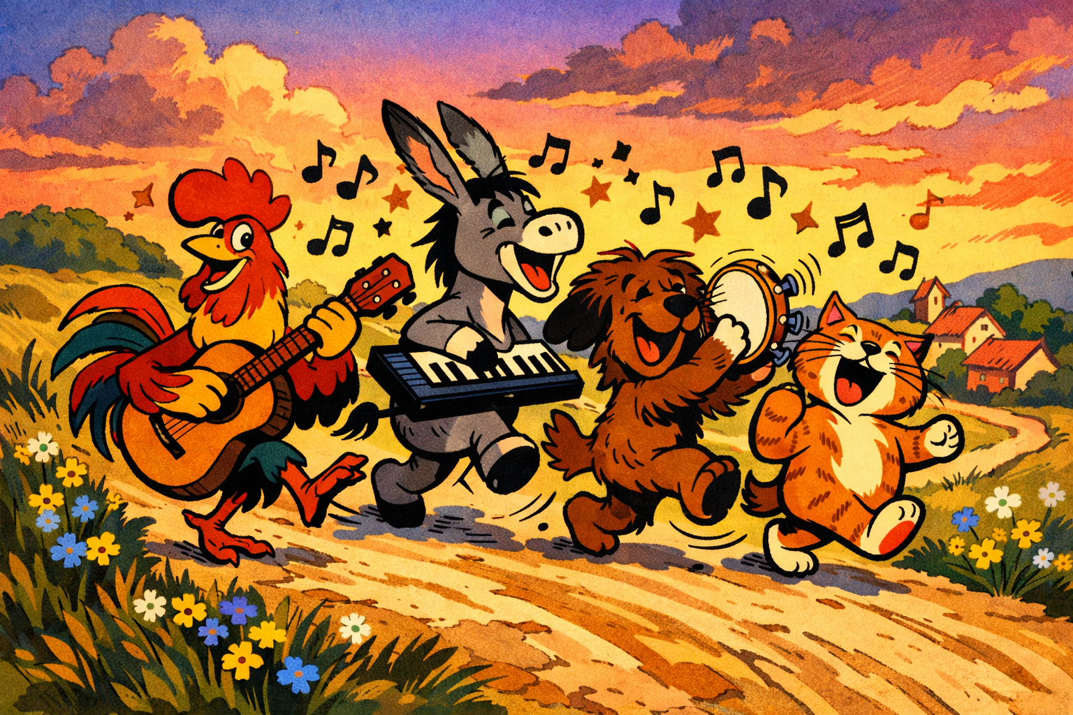 Bremen Mızıkacıları yolda müzik yapıyor