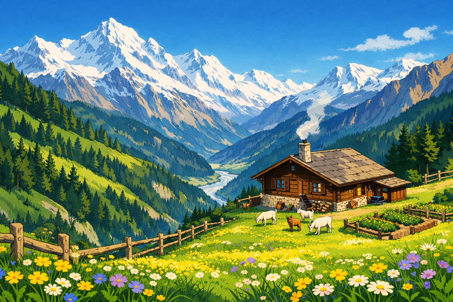 Heidi Alp dağlarında yeşil yamaçlarda