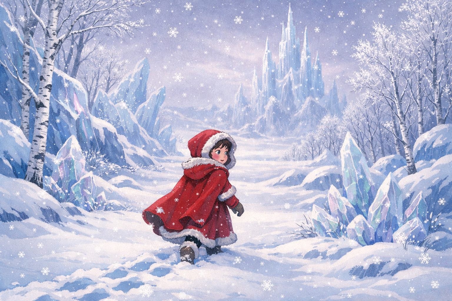 Karlar Kraliçesi masalından buzlu saray sahnesi