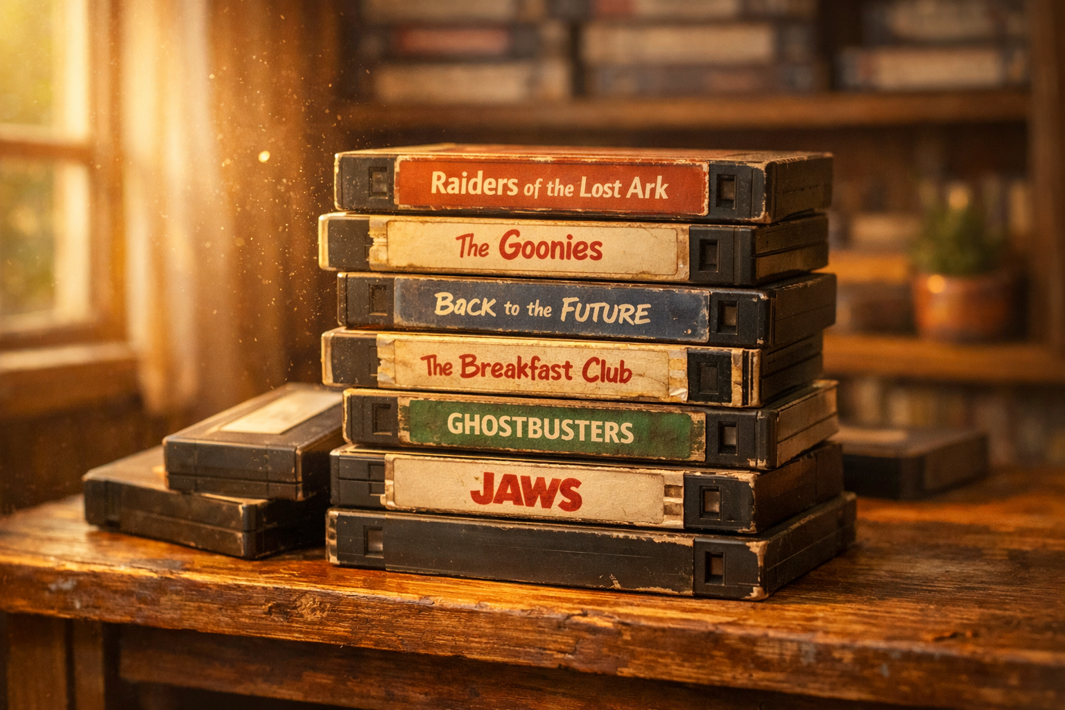 Nostaljik VHS kasetleri ahşap rafta dizili